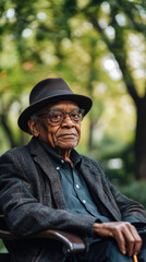 Elderly African-American man sitting on a wooden bench in a lush green park