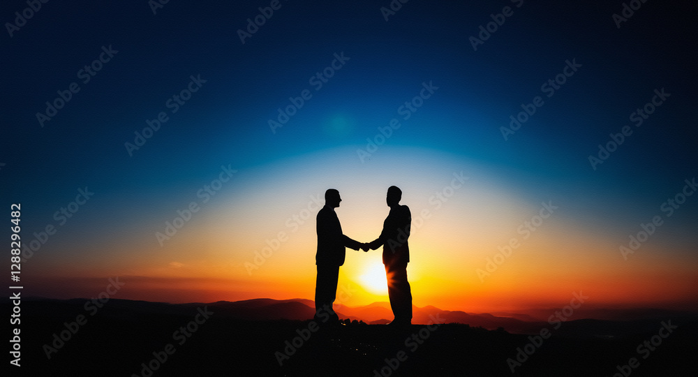Poster silhouetted figures hold hands against a vibrant sunset sky, symbolizing unity and connection. the w