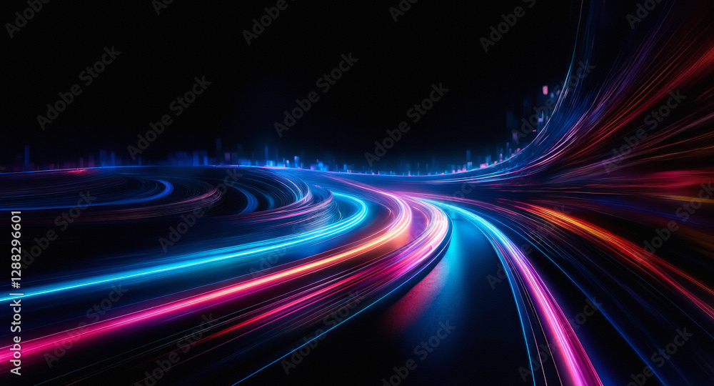 Poster vibrant light streaks of blue, pink, and red paint a dynamic path across a dark backdrop, creating a