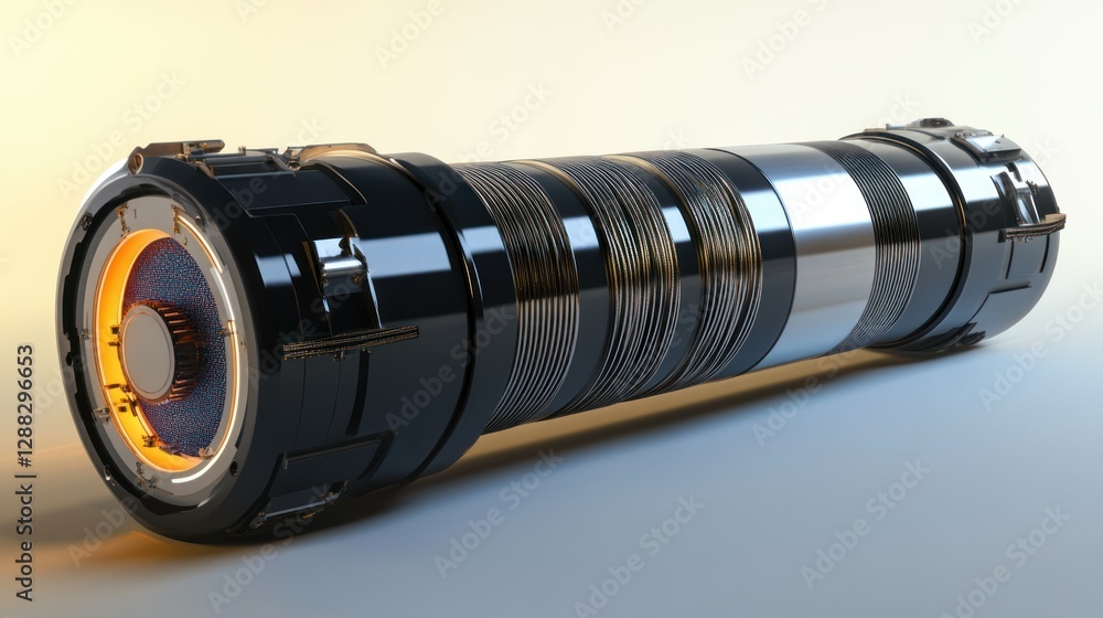 Poster sleek modern flashlight with metallic finish and glowing elements on a smooth surface