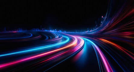 Vibrant light streaks of blue, pink, and red paint a dynamic path across a dark backdrop, creating an abstract representation of speed and motion.