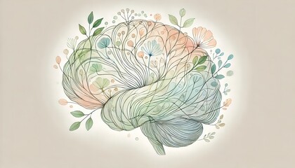 A colorful brain intertwined with flowers and leaves, symbolizing mental health, growth, and creativity. Generated AI.