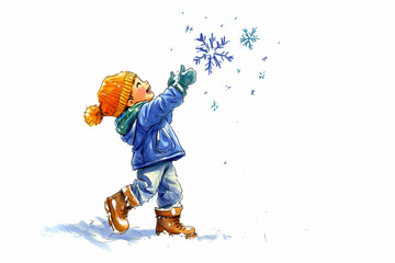  A delightful colored pencil drawing of a child joyfully catching snowflakes in a winter wonderland.