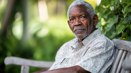 Fototapeta premium Elderly African-American man sitting on a wooden bench in a lush green park