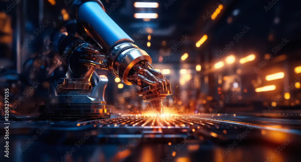 Poster automated robotic arm precisely welds metal in a dim factory, showering sparks. advanced machinery e