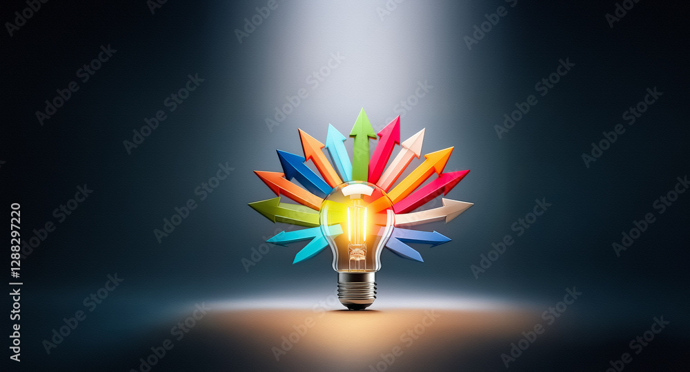 Poster a bright light bulb emits light, surrounded by vibrant arrows pointing in diverse directions, symbol