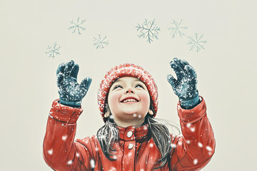 Fototapeta premium A playful winter scene of a child catching snowflakes, hand-drawn in a festive colored pencil style.
