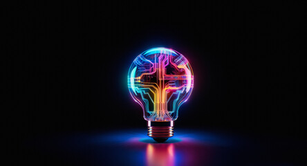 Glowing light bulb filled with colorful circuit board patterns. Bright lines of blue, pink, yellow, and green illuminate the dark background.