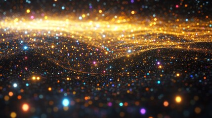 Abstract background with glowing particles forming wavy patterns.