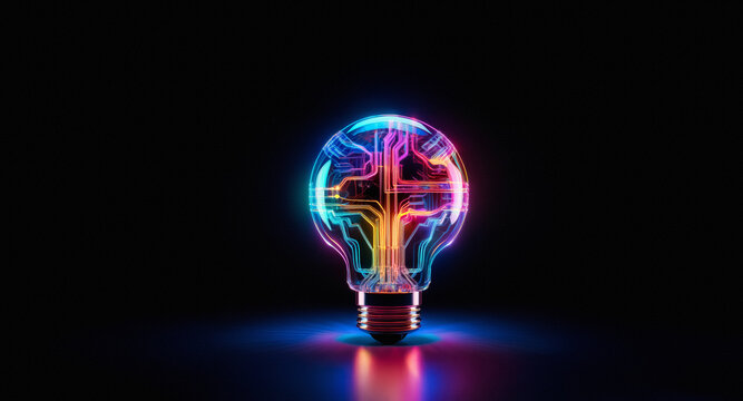 Glowing light bulb filled with colorful circuit board patterns. Bright lines of blue, pink, yellow, and green illuminate the dark background.
