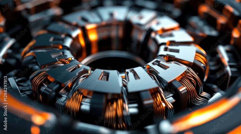 Aufkleber close-up of a futuristic mechanical component with glowing wires, showcasing intricate design and te