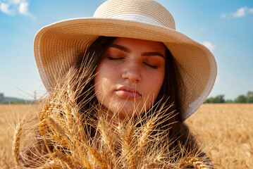 Peaceful moment in wheat field with young woman under sun hat. Harvesting concept
