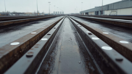 Rain-soaked railway tracks extend into the distance in an industrial setting. The gray sky reflects the weather, while nearby buildings create a serene yet desolate atmosphere