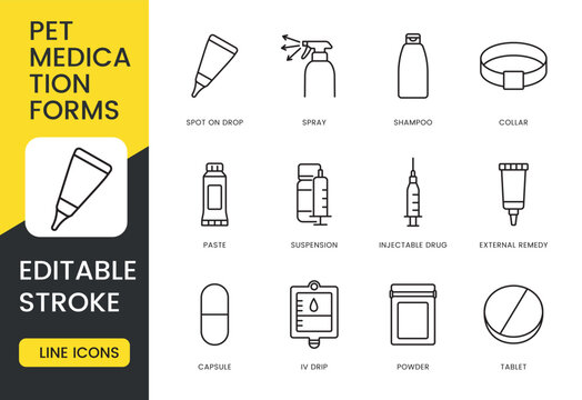A set of pet medication form icons in vector, illustrating different treatment methods like sprays, shampoos, and tablets, as well as injectable, external, and oral remedies, with an editable stroke