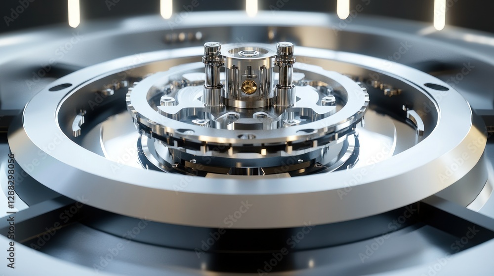Poster close-up of a futuristic mechanical component with intricate details and reflections in a sleek envi