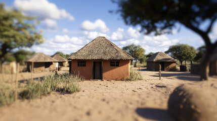 Traditional thatched huts are surrounded by sparse vegetation and sandy ground in a rural setting. The bright blue sky hosts fluffy white clouds, creating a tranquil daytime atmosphere