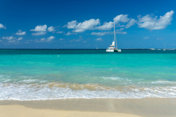 Catamaran sailboat in Friar's Bay beach, Caribbean dream and landscape, Saint Martin (Sint...