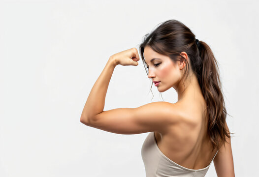 Empowered beautiful young woman showing strength with the arm bent at the elbow. Side view. International Women's Day, March 8 banner