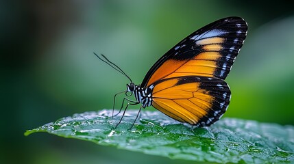 Orange butterfly resting on dewy leaf, lush green background