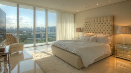 Fototapeta premium A well-lit condo bedroom with a soft, neutral color scheme and elegant decor.