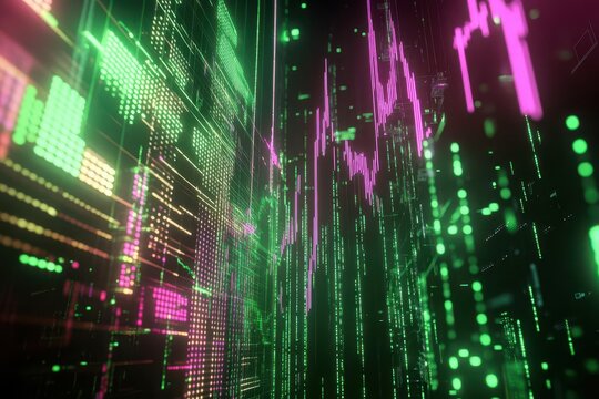 rising financial graph in a glowing neon grid sharp green and purple lines sleek digital interface futuristic stock market vibe vibrant data flow bold investment energy