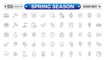 Spring season Equipment Icons Pack. Thin line icons set. Flatiron collection set. Outline planting flowers and seeds, watering cans, and fertilizers. Spring. Editable stroke outline icon. 