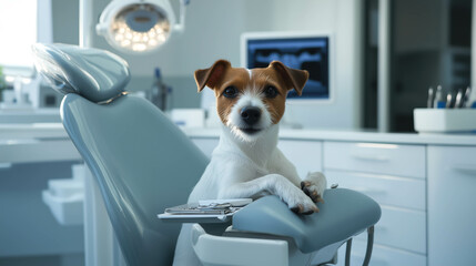 Jack Russell Terrier sitting confidently in dental chair in modern clinic, surrounded by dental tools. clean, bright setting highlights the dog's alert, curious expression. Concept of pets and health