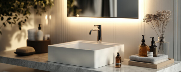 sleek bathroom sink with elegant accessories, featuring minimalist design and warm lighting, creates serene atmosphere for relaxation and self care