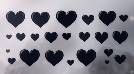 A vector illustration of a set of black hearts in various shapes and sizes