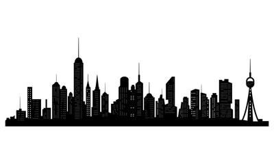 Naklejka premium Black cities silhouette. Horizontal skyline in flat style isolated on white. Cityscape with windows, urban panorama of night town.