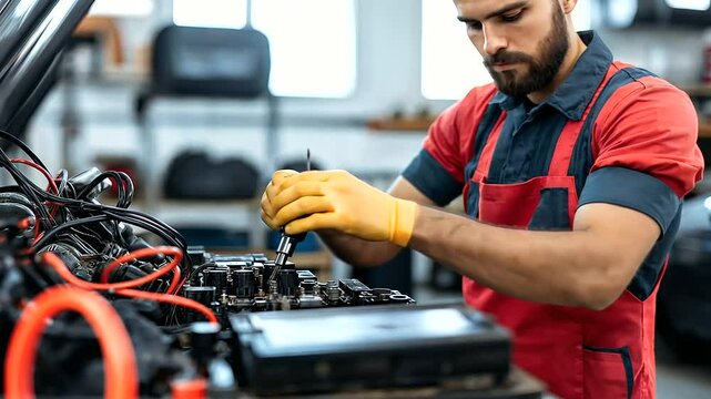 A uniformed mechanic uses a torque wrench to adjust components in the engine bay of a car