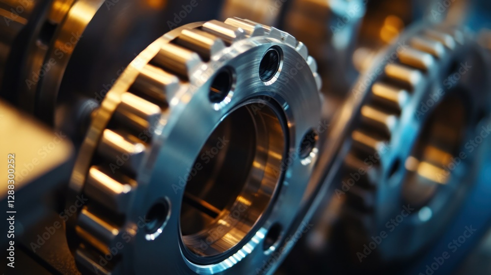 Poster close-up of precision-engineered metallic gears in a modern workshop, showcasing intricate details