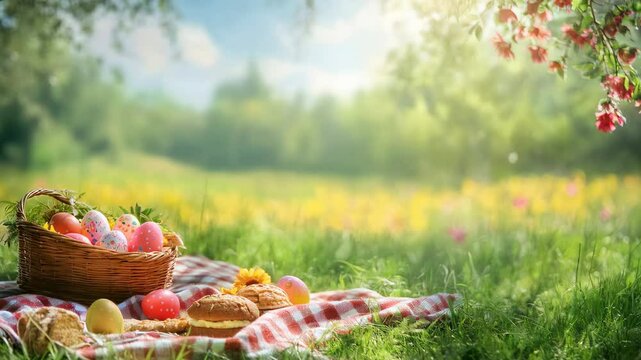 A Vibrant Spring Picnic Scene Featuring Colorful Easter Eggs, Fresh Pastries, and a Lush Green Meadow Under a Bright Blue Sky