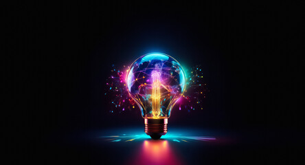 A luminous light bulb bursts with vibrant, colorful energy against a stark black background, symbolizing bright ideas and innovation.