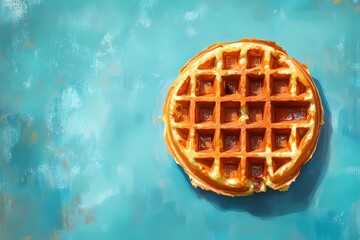 Delicious breakfast waffle artwork with caramel drizzle, fresh fruit, and crispy texture, ideal for culinary posters and food industry ads, in a gourmet illustration style