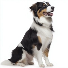 A cheerful Australian shepherd dog sitting calmly, showcasing its beautiful coat and friendly expression.