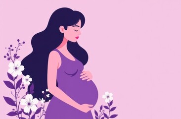 Happy pregnant girl stroking her big belly listening to the baby