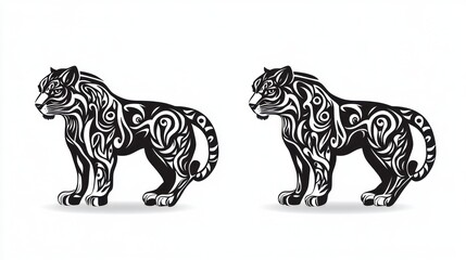 Fototapeta premium Ornate tiger tattoo designs, side profile, white background, art