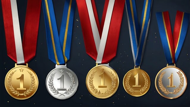 A set of medals and trophies in gold, silver, and bronze, perfect for ranking and achievement designs.