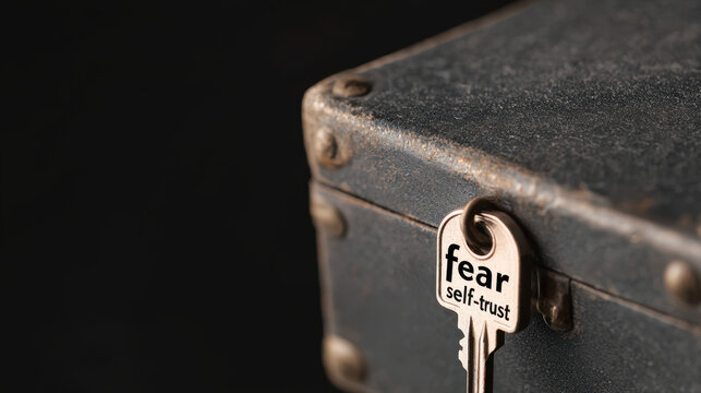 Overcoming anxiety, locked box with key labeled fear and self trust evokes curiosity