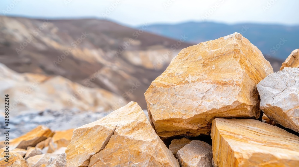Poster weathering process concept. close-up view of textured rocks in a natural landscape with blurred back
