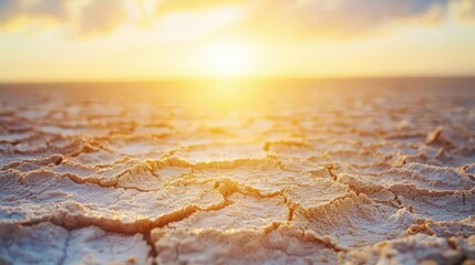 Obraz premium Weathering process concept. Stunning sunset illuminating cracked earth in a dry landscape, showcasing nature's beauty.