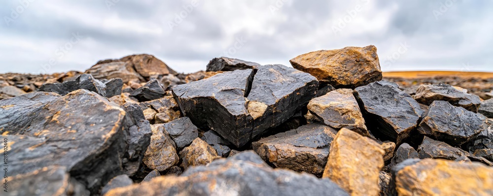 Poster weathering process concept. a close-up view of rugged rocks under a cloudy sky, showcasing natural t