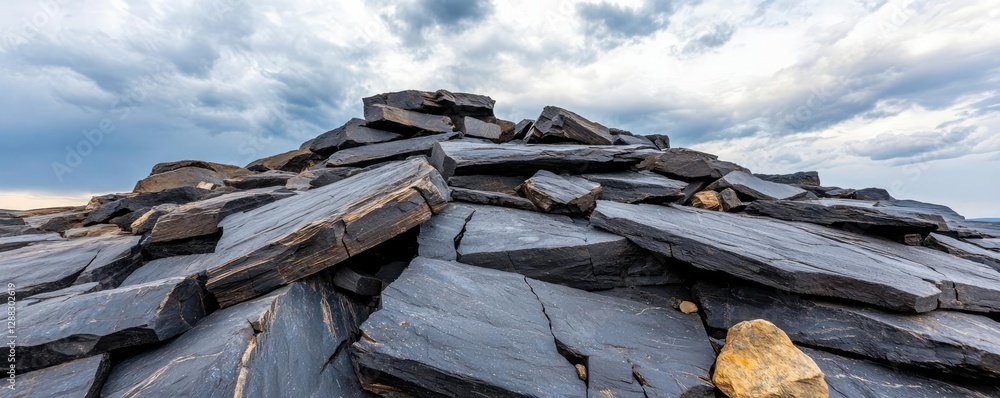 Poster weathering process concept. a scenic view of textured slate rocks under a dramatic cloudy sky.