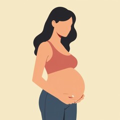 Happy pregnant girl stroking her big belly listening to the baby