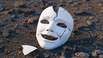 Overcoming anxiety, broken mask on ground revealing smiling face, evoking emotion