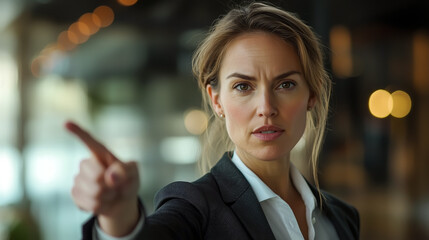 Determined professional woman points with focused expression, commanding attention in modern office setting, exuding authority and confidence.