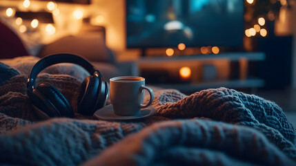 A cozy gaming session in a dimly lit room with a blanket a cup of coffee and headphones on the desk.