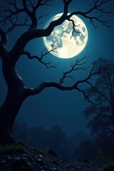 Fototapeta premium Full moon illuminates gnarled branches, deep shadows, horror, background