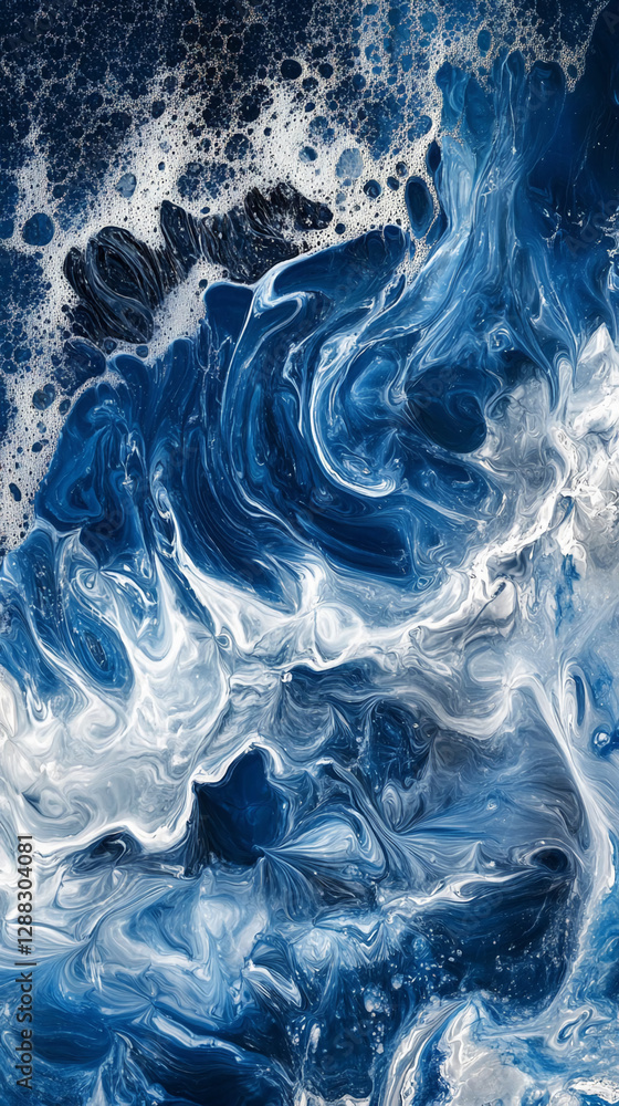 Poster abstract fluid art with dark blue, white, and silver swirling colors creating dynamic movement and t